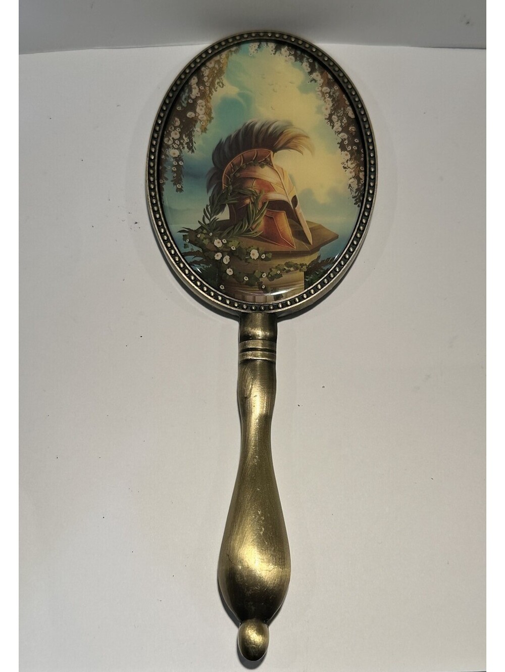 Song of Achilles Hand Mirror Engraved Gold Tone Vanity Mirror Greek Helmet VTG